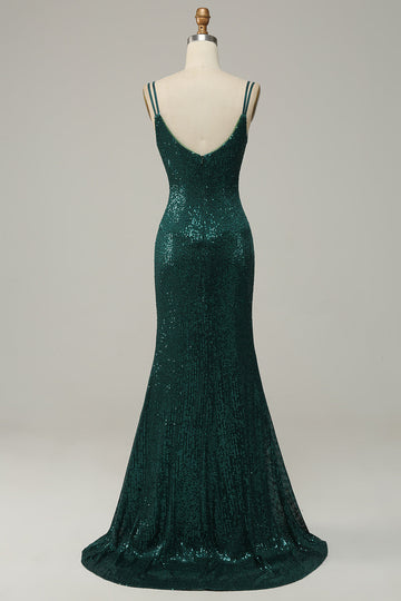 Spaghetti di paillettes verde scuro Abito Prom con spacco